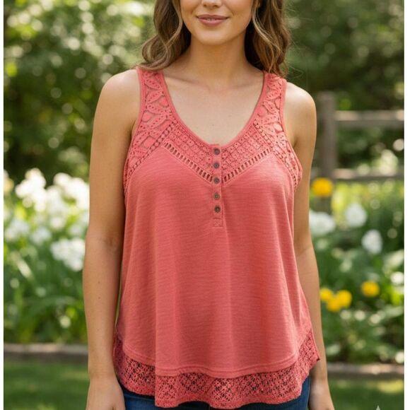 hint of mint Tops - Hint of Mint Boho Chic Lace Henley Tank Medium Coquette Feminine Beachy